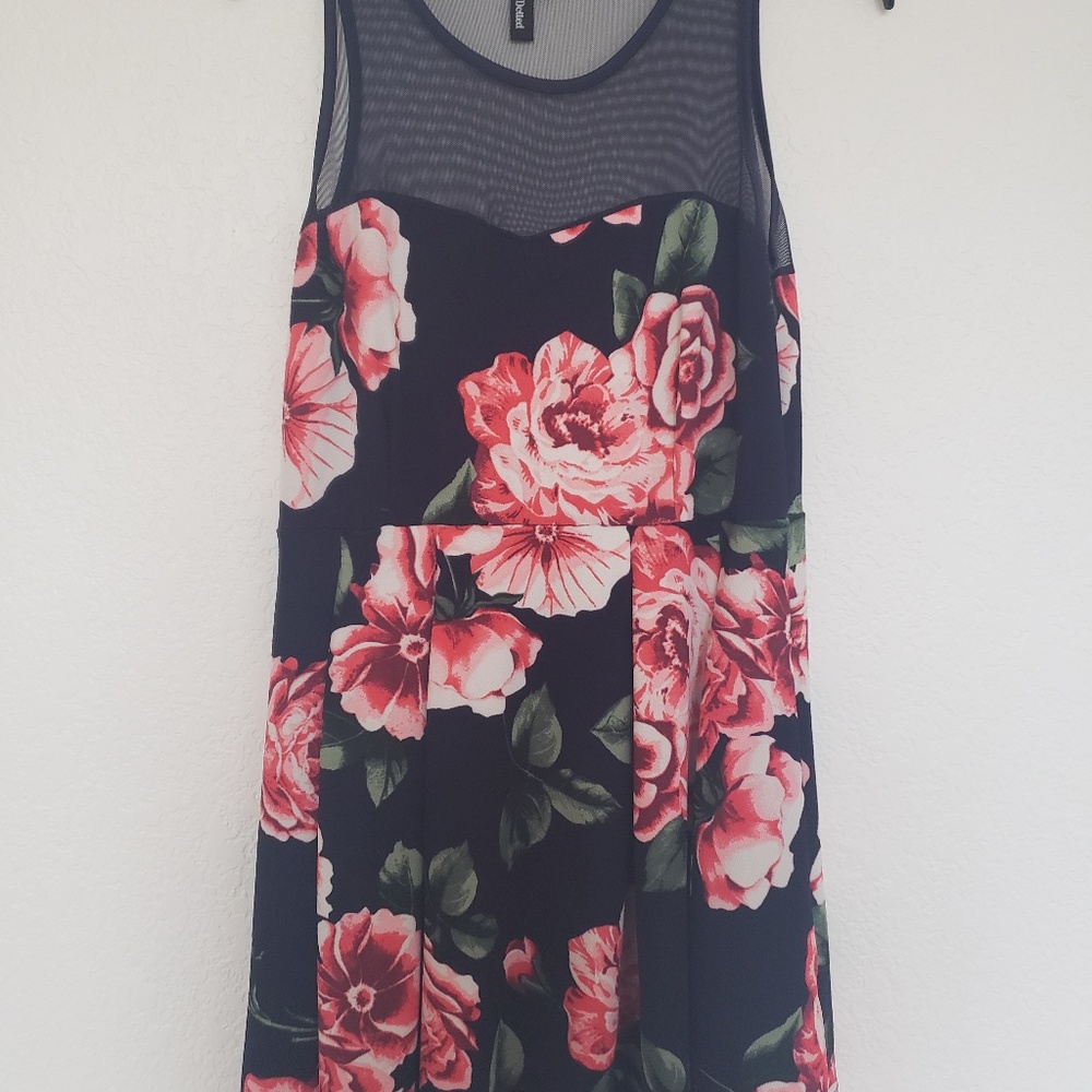 Navy Blue Floral Dress Illusion Neckline